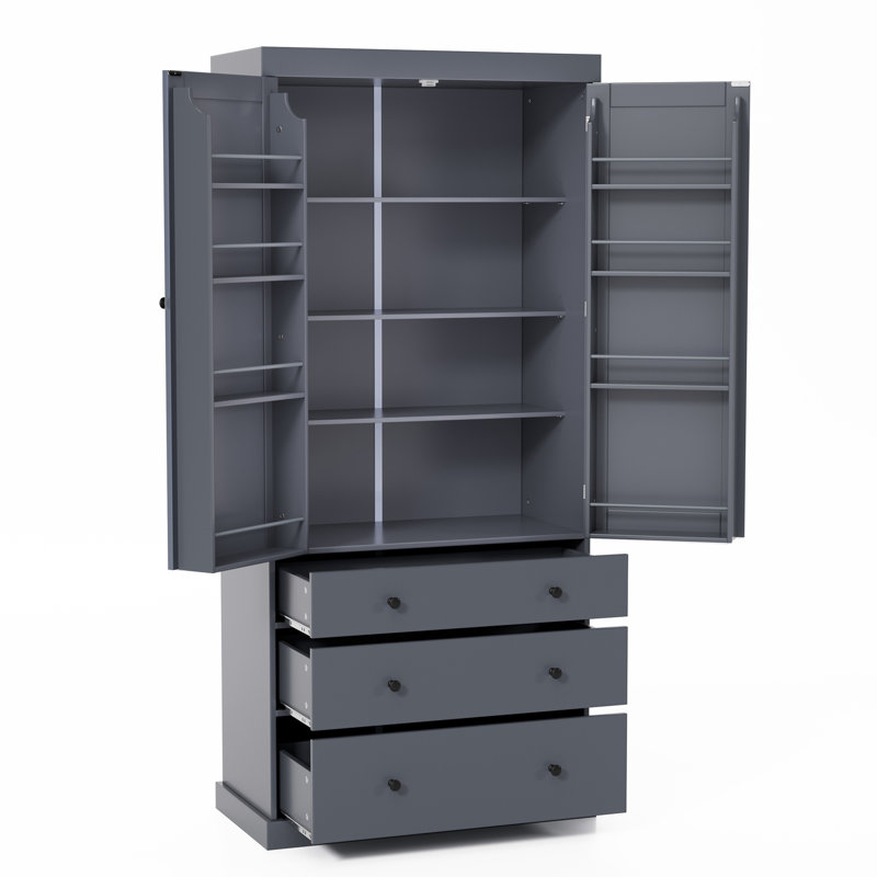 Garde-manger autoportant 77 po avec 3 tiroirs, 3 tablettes réglables et 8 tablettes de porte Farmhouse, Gray