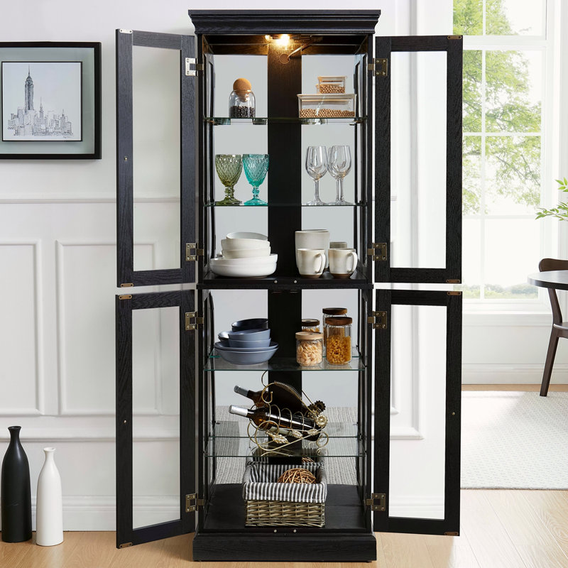 Élégante vitrine vitrée éclairée - Rangement à cadre en bois pour le salon, la cuisine et le garde-manger - Ampoule incluse - Idéal pour le vin, les jouets et les objets de collection