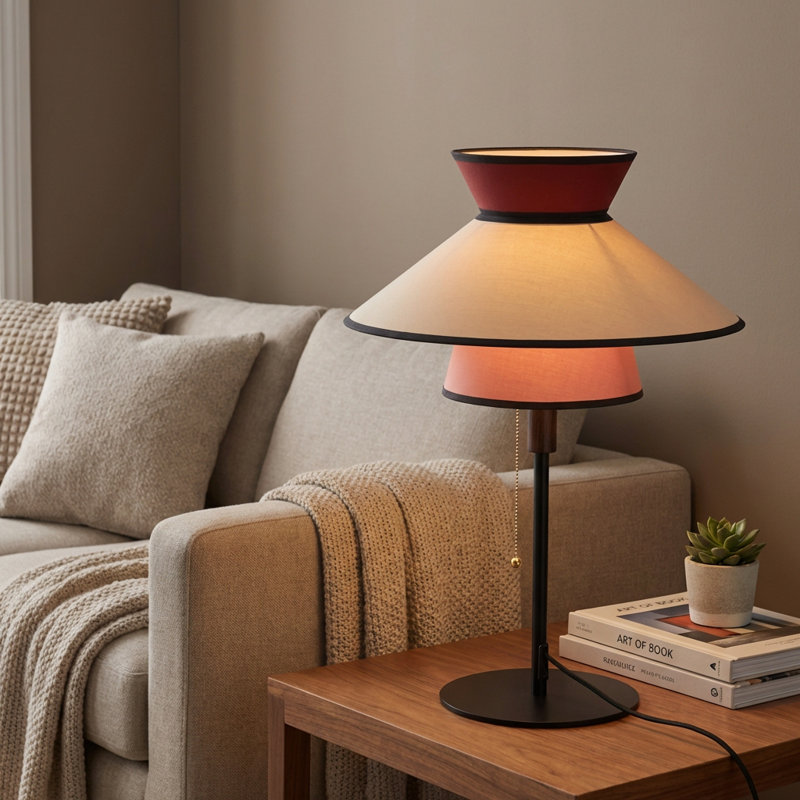 Vintage French Mid-century Walnut Fabric Table Lamp With Pull Chain Switch – Retro Bedside Or Desk Light