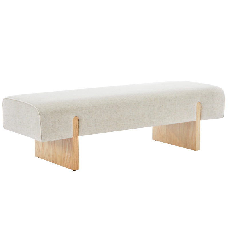 Chamille Upholstered Bench with Solid Wood Leg, Natural, Beige