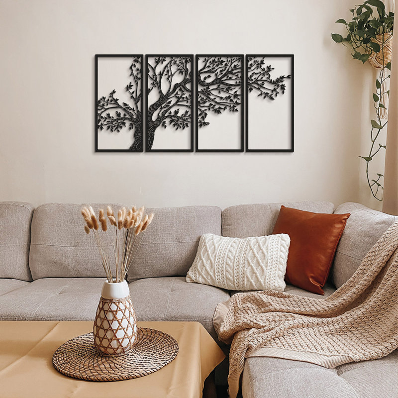 Seasons' Vibes Metal Wall Art Set 4 Piece - Tree of Life, Black, 39" H x 79" W x 1" D