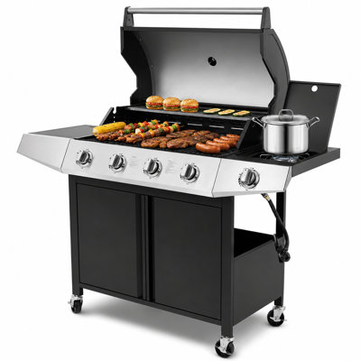 5-Burner Propane Gas Grill With Side Burner – 50,000 Btu, Stainless Steel, 560 Sq.in. Cooking Area, Easy-Move Wheels