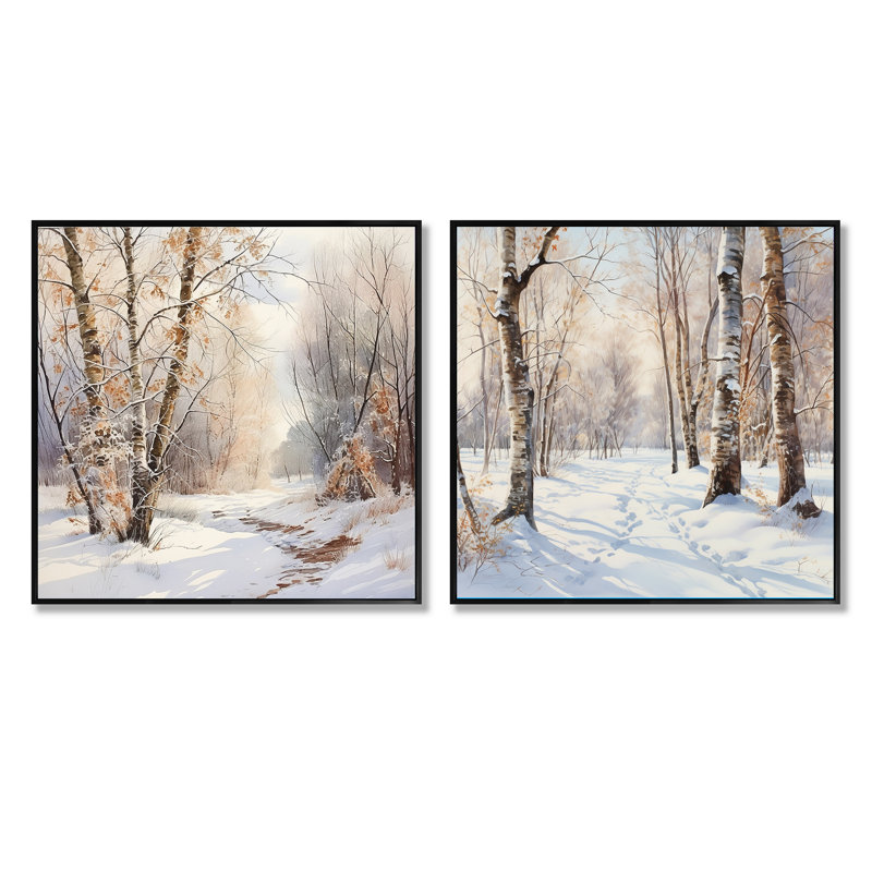 Trees Charm In Winter - Trees Square Collage Set Of 2, Black Floater Framed, 16" H x 33" W