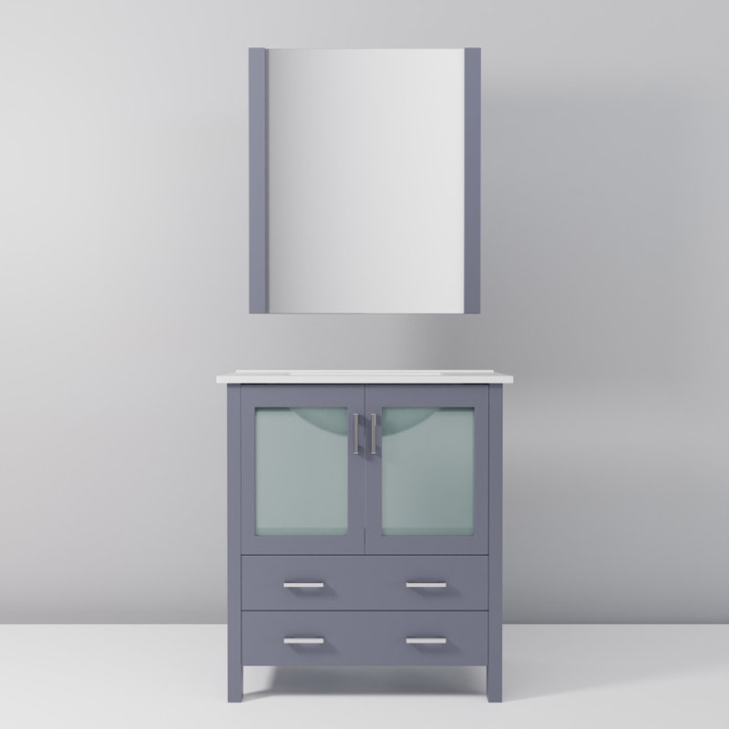 Bath Vanity 30 In. W X 18.25 In. D, Ceramic Top, And 28 In. Mirror, Dark Grey