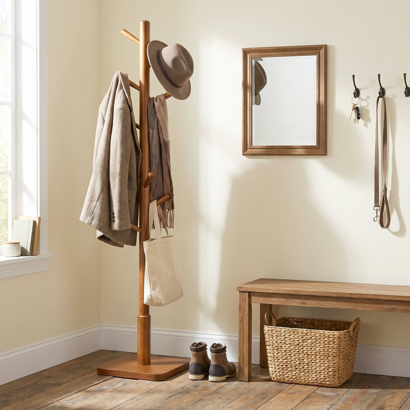 Trikomou Solid Wood 8-Hook Freestanding Coat Rack, Walnut