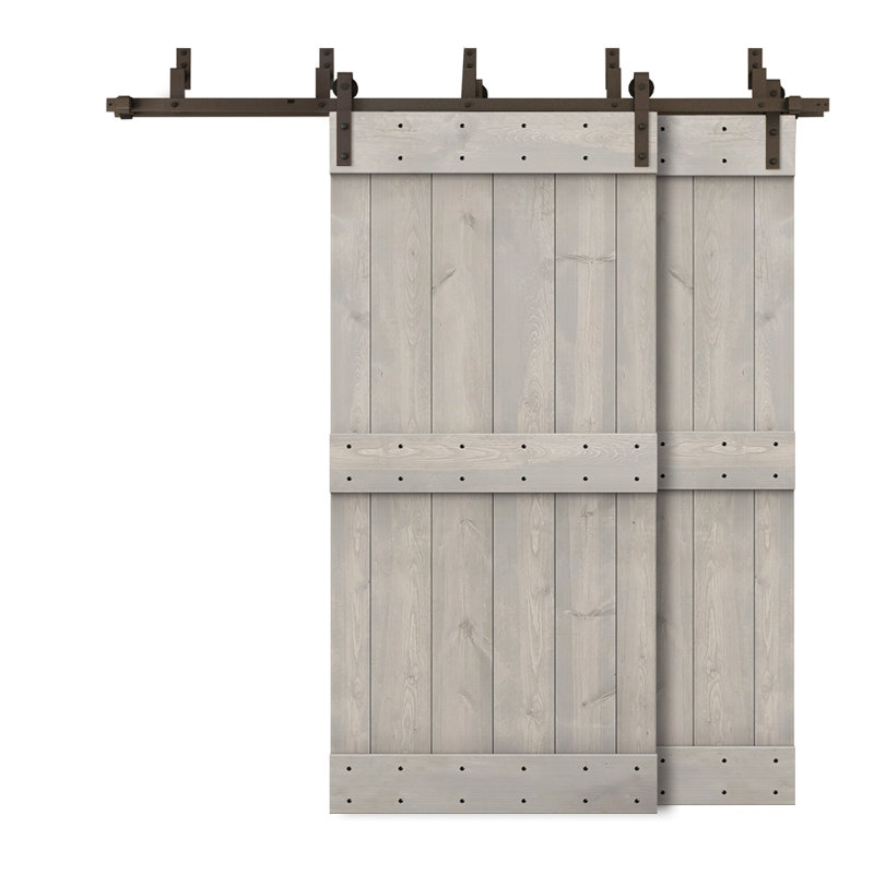 Porte de grange double à panneaux en bois teinté à panneau Mid-Bar, Gris argenté, 52 po x 84 po