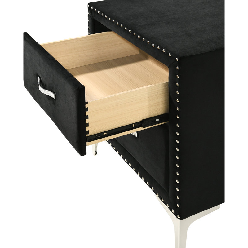 Table de chevet noire, avec surface rembourrée et ornement en verre trempé noir de 8 mm, combinant un plateau entièrement fonctionnel