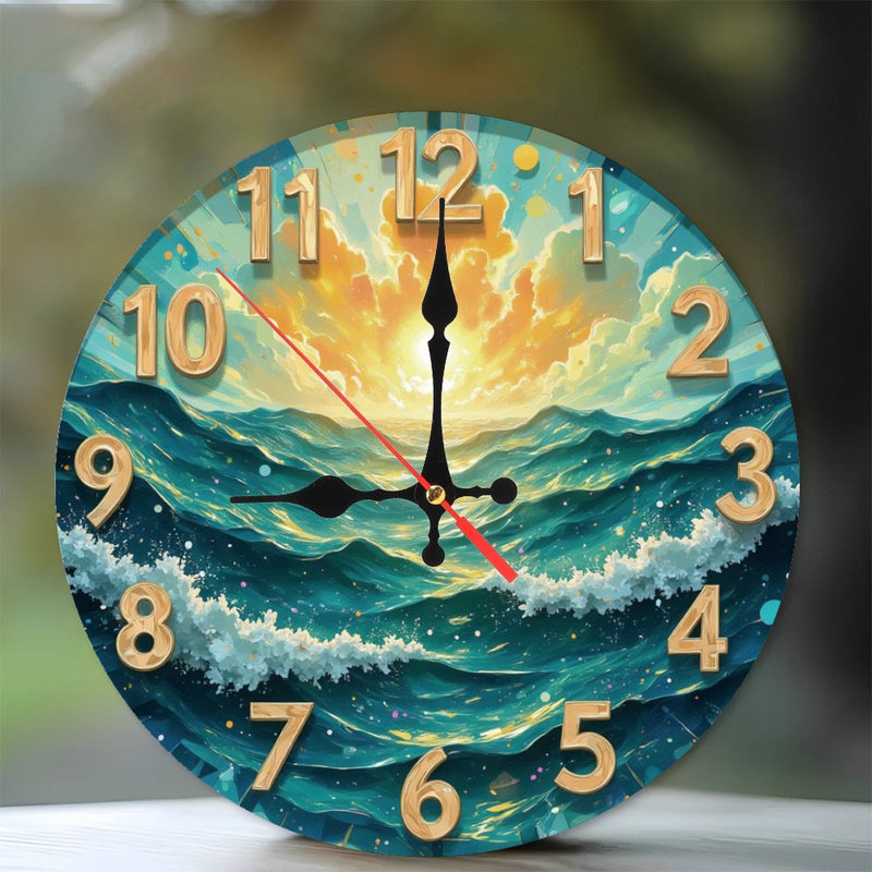 Horloge avec coucher de soleil sur les vagues de l'océan