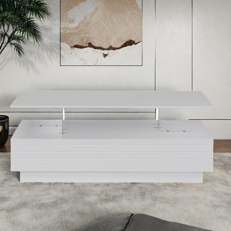 Modern Rectangular Coffee Table With Led Lights, 2 Drawers And Open Storage Shelf, White