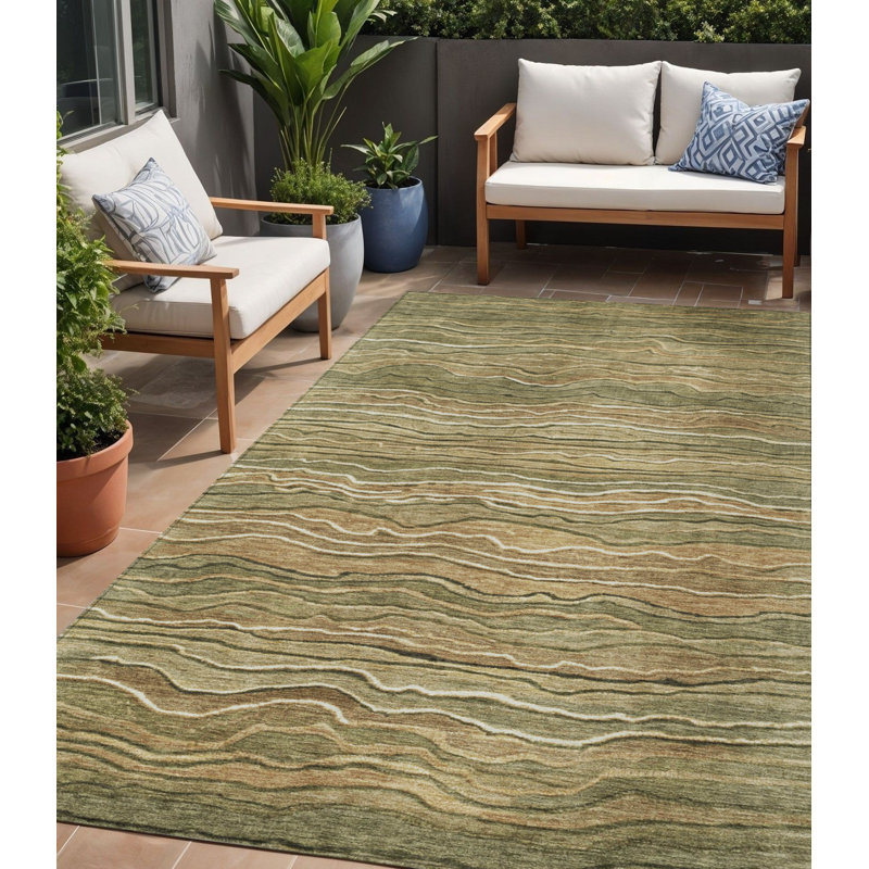 Tapis extérieur lavable abstrait 5 pi x 8 pi vert fougère et taupe