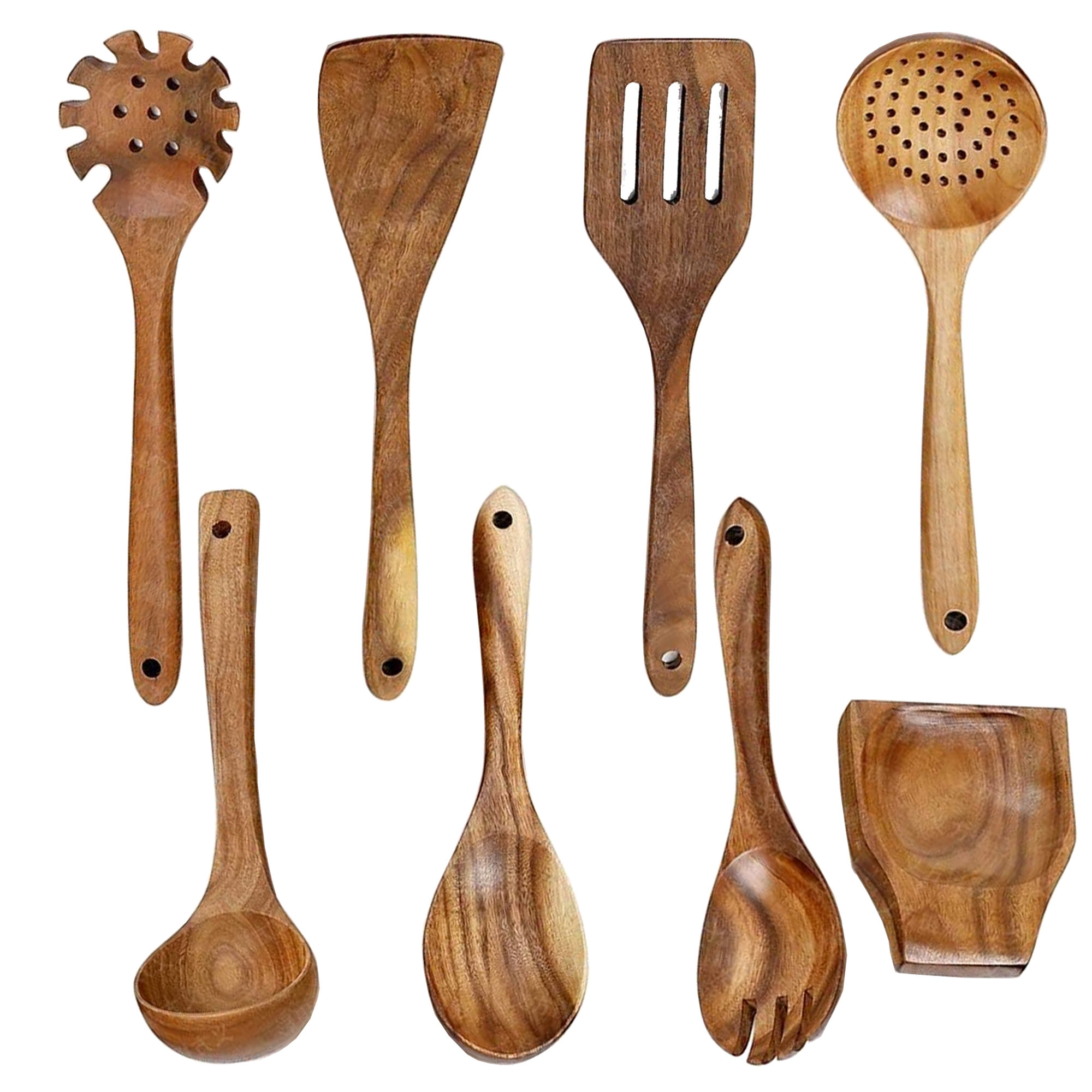 Wooden Kitchen Utensils Set with Holder, 11 Pcs Teak Wooden Cooking Spoons and S