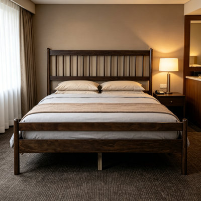 Simple Wood Bed Frame with Slatted Headboard & Footboard, Low Profile Platform Bed with Under Storage, Minimalist and No Box Spring Needed, Brown, Queen Size