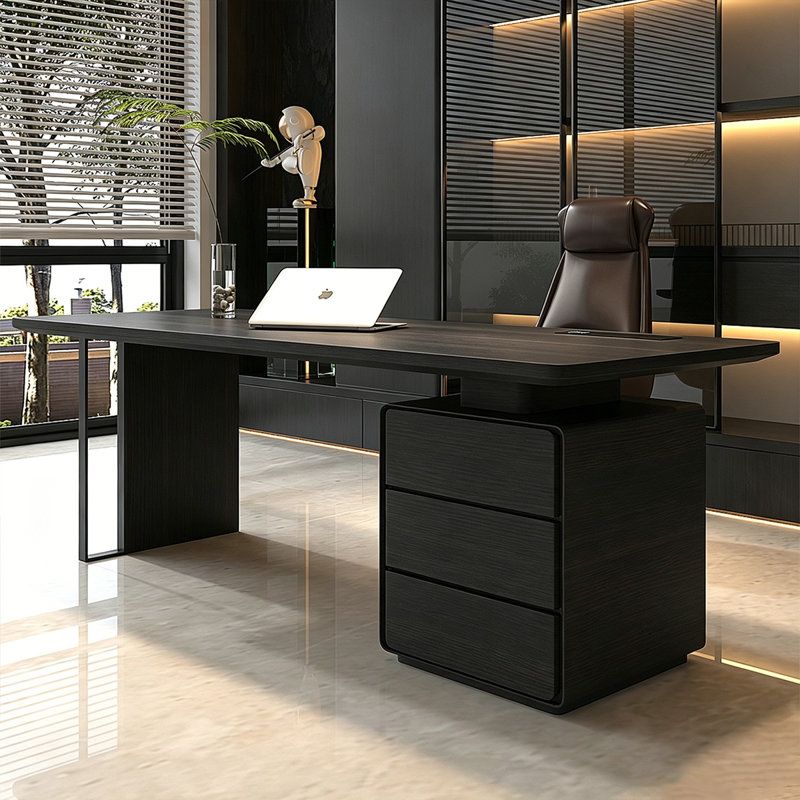Bureau luxueux 78,74 po avec armoire à tiroirs, prises de courant intégrées sur table 78,74 po, Black