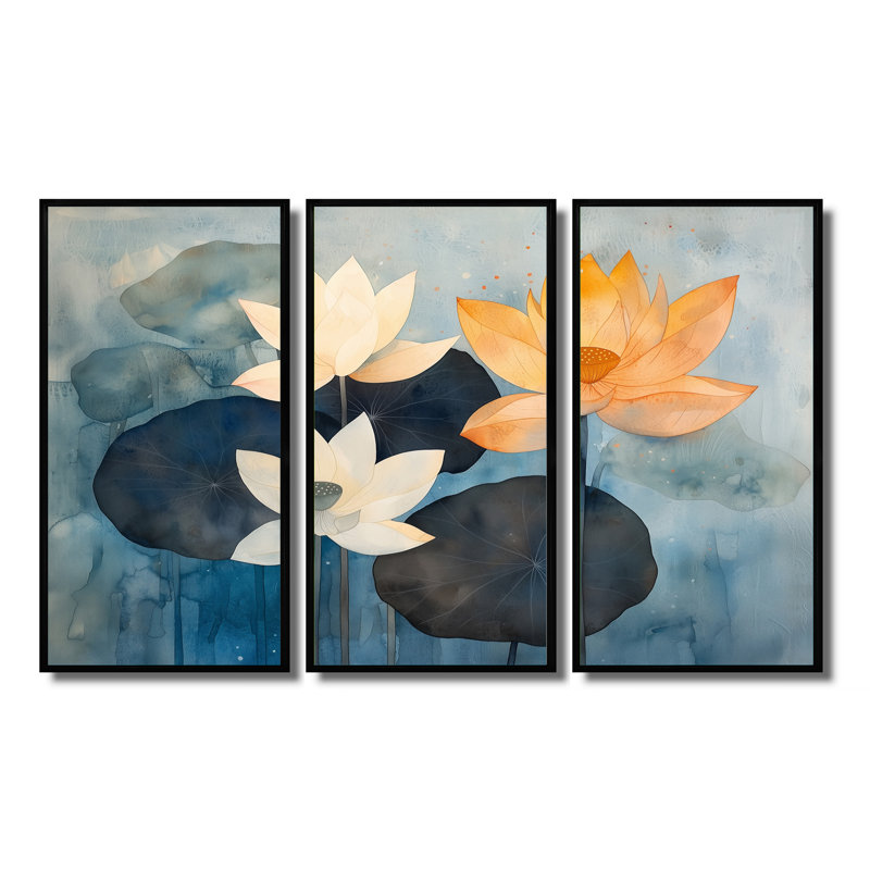 Harmonie de lotus dans l'étang I - ensemble d'art mural lotus, Noir, Reproduction avec cadre flottant, H 28 po x l 36 po