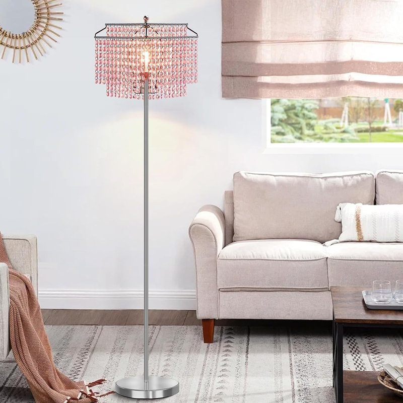 64.2'' Chrome LED Novelty Floor Lamp with USB, Brushed Silver, Pink