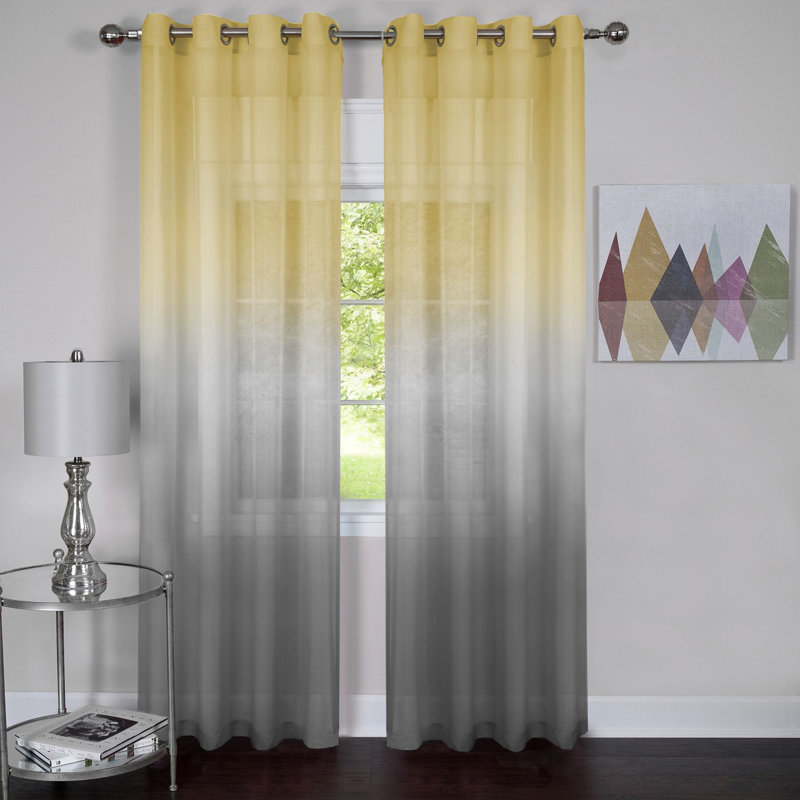 Panneau de rideau simple semi-diaphane avec œillets Lilie, L 52 po x L 63 po, Gris / jaune