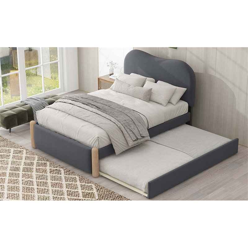 Twin Size Upholstered Platform Bed With Wood Supporting Feet And Twin Size Trundle, Twin, Gray