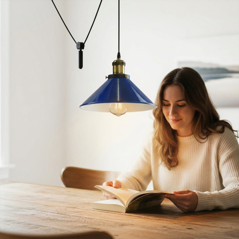 Anahla 1-Light Modern Industrial  Cone Pendant – Adjustable Ceiling Fixture for Contemporary Spaces, Yes, Navy Blue