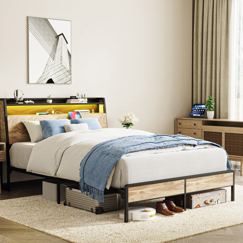  Platform Metal Bed Frame with RGB Lights and 2-Tier Storage Wooden Headboard, Full