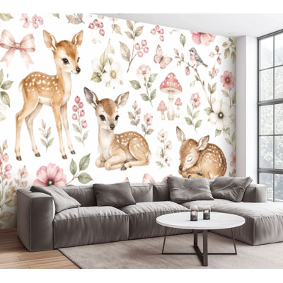 Wall Mural Peel and Stick Wallpaper Woodland Baby Deer forest animal watercolor wreath for nursery pink Self-Adhesive Removable Contact Paper Wall Decor for Living Room Bedroom 100"H x 144"W