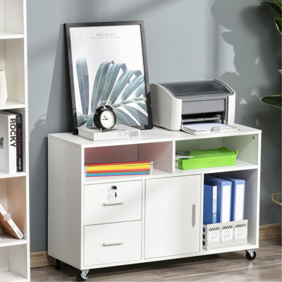 Armoire mobile pour bureau à domicile - Organisateur mobile blanc avec 2 cassettes verrouillables, un tiroir et 3 tablettes pour ranger les fournitures sur roulettes, ranger des dossiers de magazines