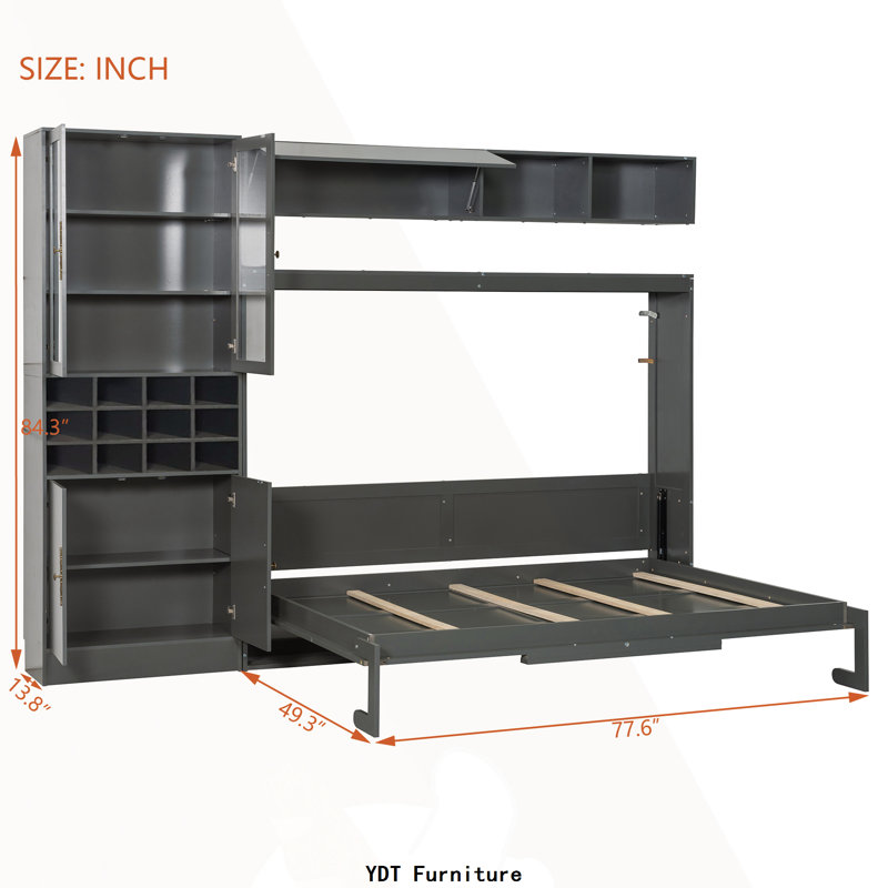 Lit escamotable double avec canapé, tablettes, USB et lumière, gris