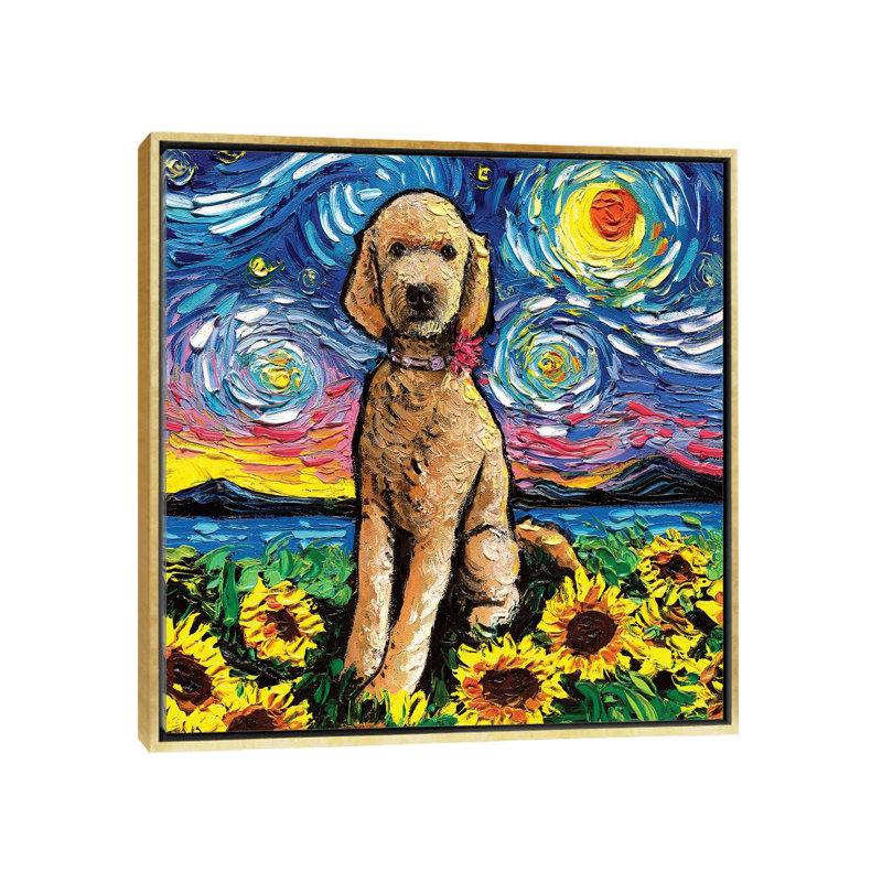 «Goldendoodle Night II» par Aja Trêves - reproduction d'art, Pas de tapis, H 37 po x l 37 po x P 1,5 po, Toile encadrée d'or