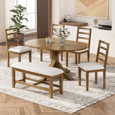 Ensemble de table de salle à manger à rallonge 6 pièces 60 po avec rallonge amovible 18 po, banc 44 po et 4 chaises à dossier échelle TopMAX Farmhouse