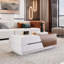 Table basse moderne extensible avec plateau coulissant et rangement en blanc et noyer, parfaite pour les espaces de vie polyvalents