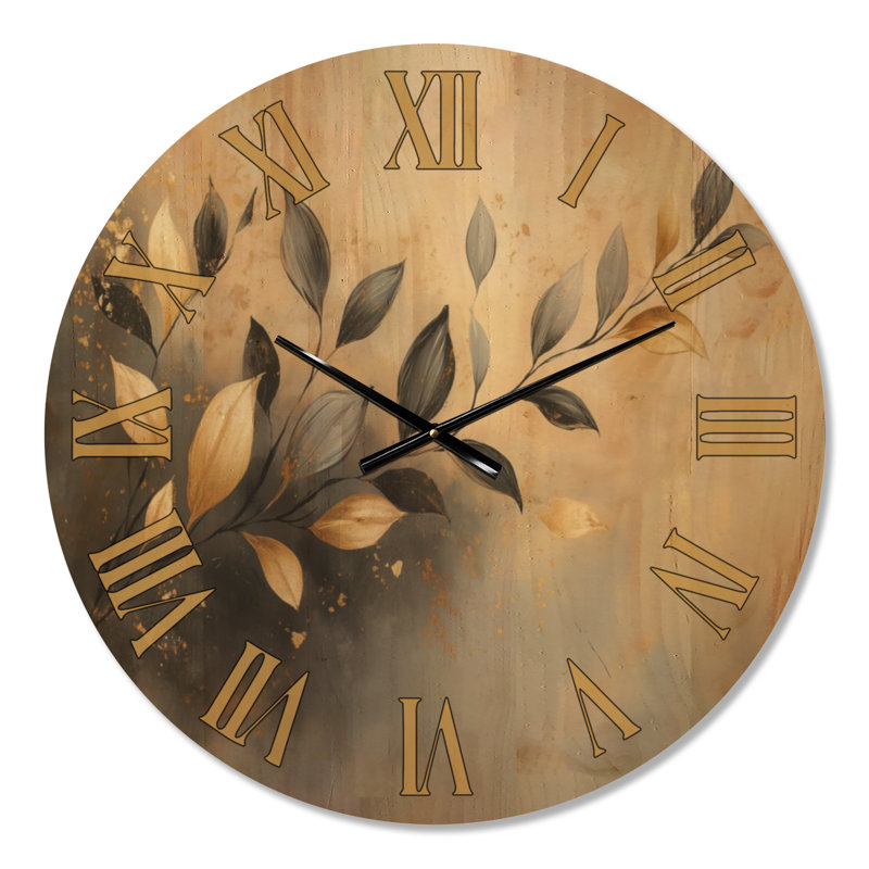 Horloge murale botanique ronde Golden Whisper Branch, impression sur bois, Medium