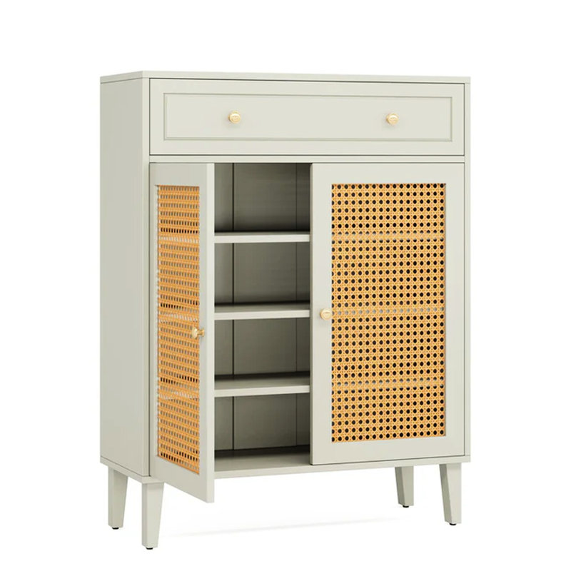 Armoire de rangement chic pour chaussures d'inspiration nordique, couleur menthe, tablettes réglables pour différentes tailles, clés de tiroir et portefeuilles, fabrication avec pieds inclinés, tiroir de rangement facile à assembler, E1