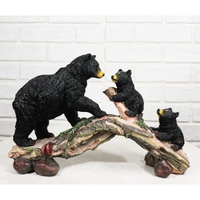 Rustic Forest Black Bear Mother And 2 Cubs Climbing On Tree Log Bridge Figurine