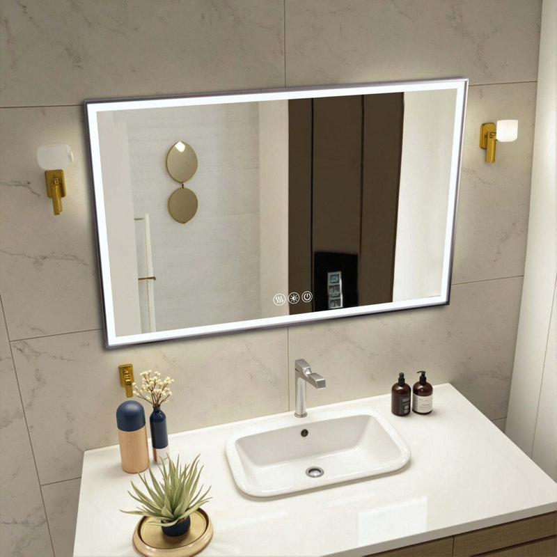 LED Bathroom Mirror with Brushed Aluminum Frame & Memory Function