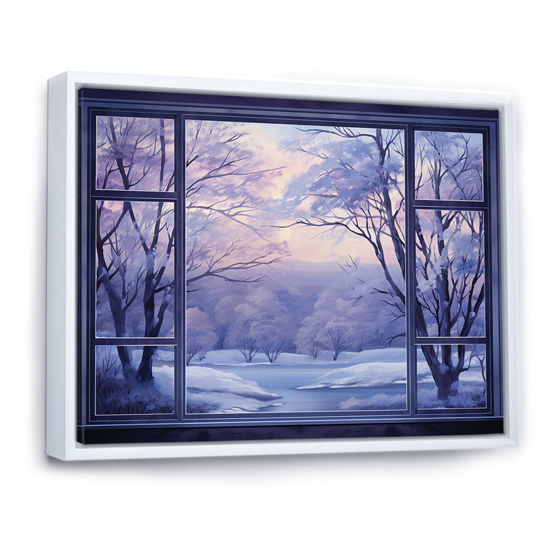 «Purple River Winter Windows IV - Winter Landscape», art mural, Cadre flottant blanc, H 30 po x l 40 po x P 1,5 po
