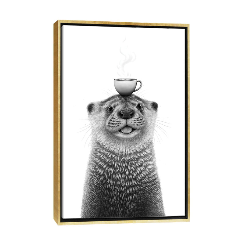 Loutre avec café - reproduction d'art murale - toile encadrée, 26" x 18", Toile avec cadre, Doré