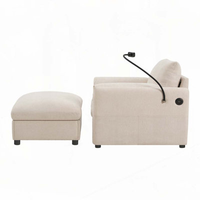 Fauteuil d'appoint en tissu chenille avec repose-pieds de rangement, support de téléphone réglable, chargeur USB, poches de rangement latérales
