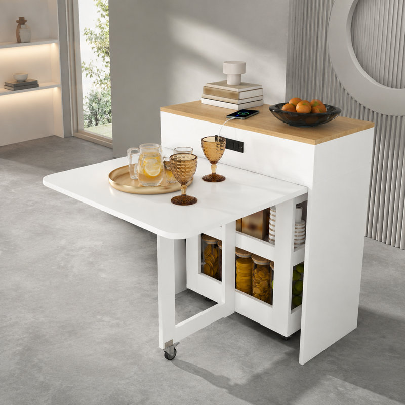 Table de salle à manger extensible gain de place avec prise électrique, roulettes verrouillables et rangement, 188 cm (74 po), MDF