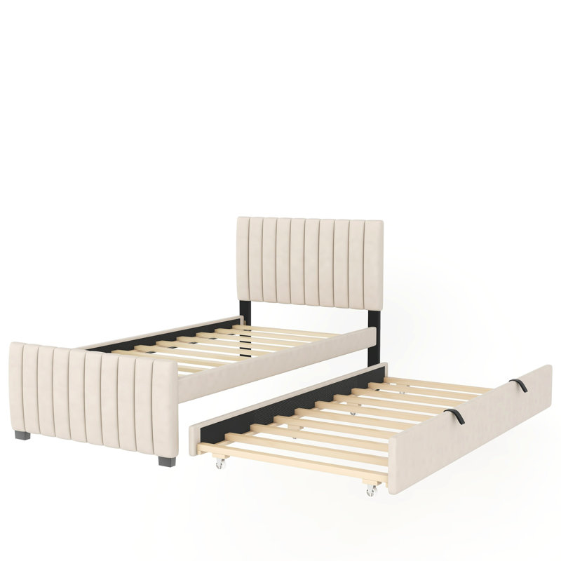Lit plateforme tapissier en velours avec lit gigogne simple Gustafsson, Beige
