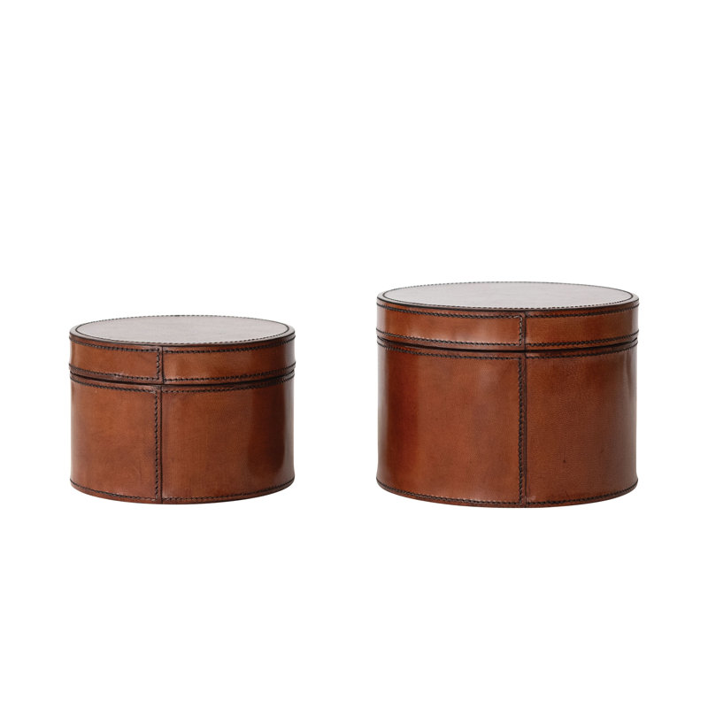 Ensemble de 2 boîtes rondes en bois et en cuir récupéré avec coutures et intérieur en velours