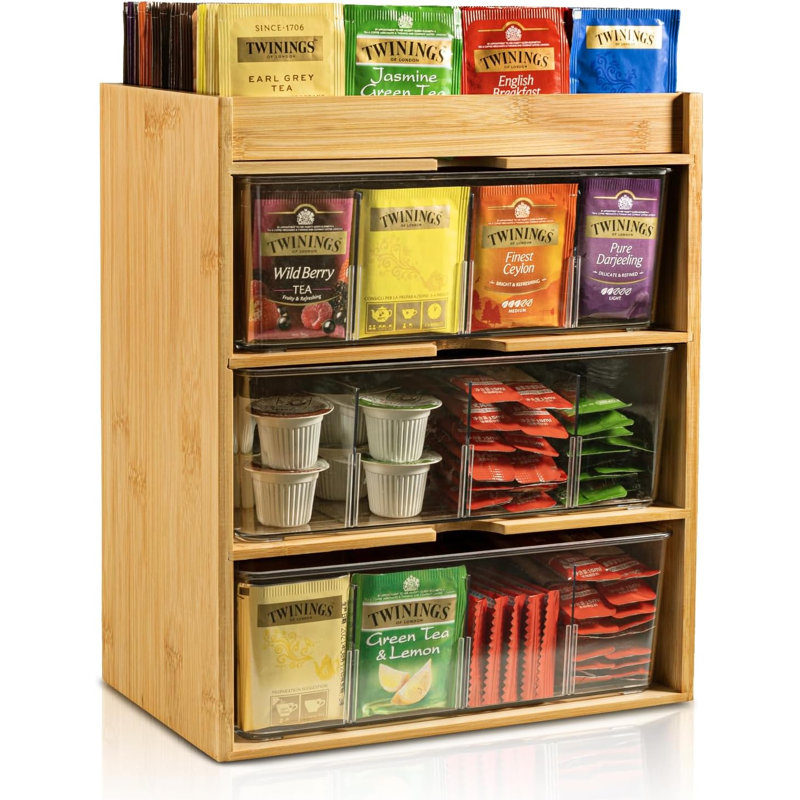 Organisateur de sachets de thé - Rangement de thé en bambou avec tiroir 3 couches, organisateur pour sachets de thé Bois naturel et acrylique pour armoire de cuisine de comptoir