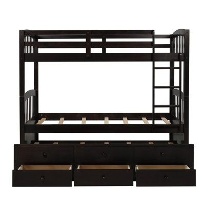 Lit superposé simple espresso avec échelle, barrière de sécurité, lit gigogne simple et 3 tiroirs de rangement, mobilier pour les adolescents et chambre d'amis peu encombrant