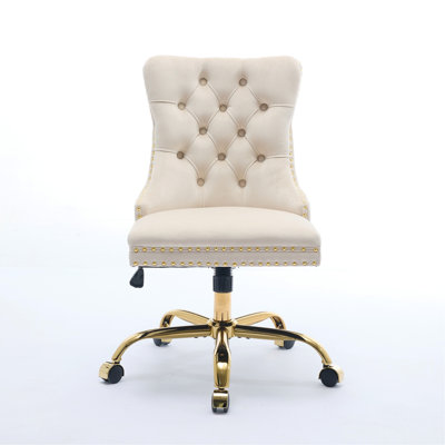 Furniture Office Chair,Modern Velvet Upholstered Tufted Button Home Office Chair With Golden Metal Base,Adjustable Desk Chair Swivel Office Chair (Beige)