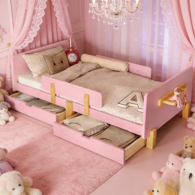 Bellemave Twin Size Platform Bed With Storage Drawers, Solid Wood Platform Bed Frame With Guardrail, Shelf And Hooks, No Box Spring Needed  ,pink