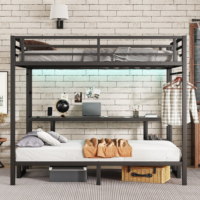 Black Queen Over Twin XL Metal Bunk Bed with Desk, Sofa, LED & USB for Space-Saving Rooms