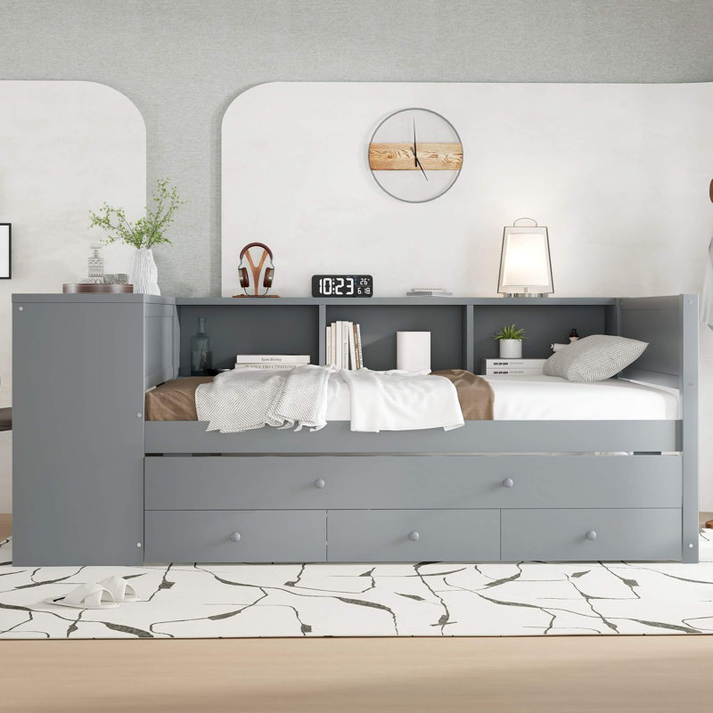 Lit de jour simple en bois avec lit gigogne, tiroirs de rangement, tablettes latérales et bureau intégré, aucun sommier requis