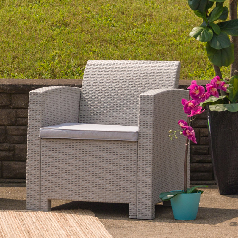 Alderman Faux Rattan Chair with All-Weather Cushion, Light Gray