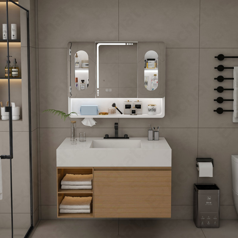 Armoire de salle de bain murale à miroir avec lumières DEL, anti-buée et anti-déflagrant, armoire à pharmacie tactile, éclairage 3 couleurs, désembueur, rangement avec verre transparent