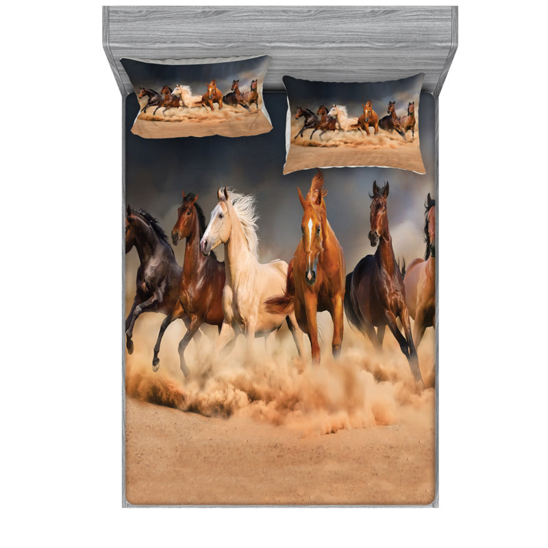 Queen Size White and Brown Horse Print Microfiber Sheet Set