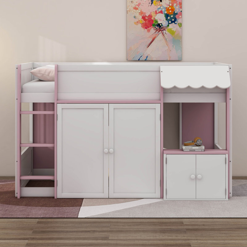 Lit mezzanine double avec maisonnette et rangement, Blanc / rose