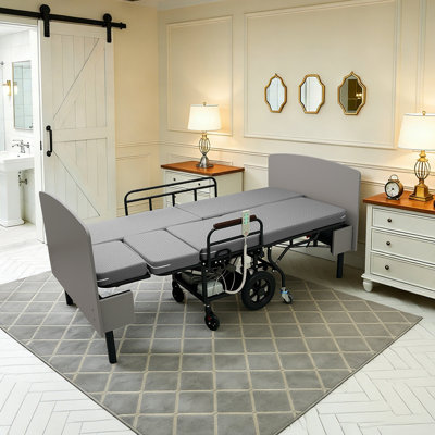 Lit électrique 3 en 1 avec deux moteurs OKIN, convertible en fauteuil roulant et brancard, réglage à une touche, télécommande câblée, rails de sécurité, cadre robuste pour les soins aux personnes âgées